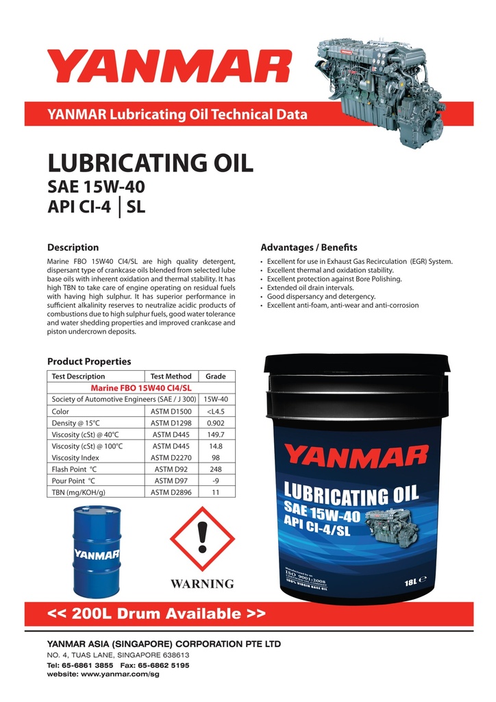 YANMAR SAE 15W-40, API CI-4 LUBRICATING OIL 200L