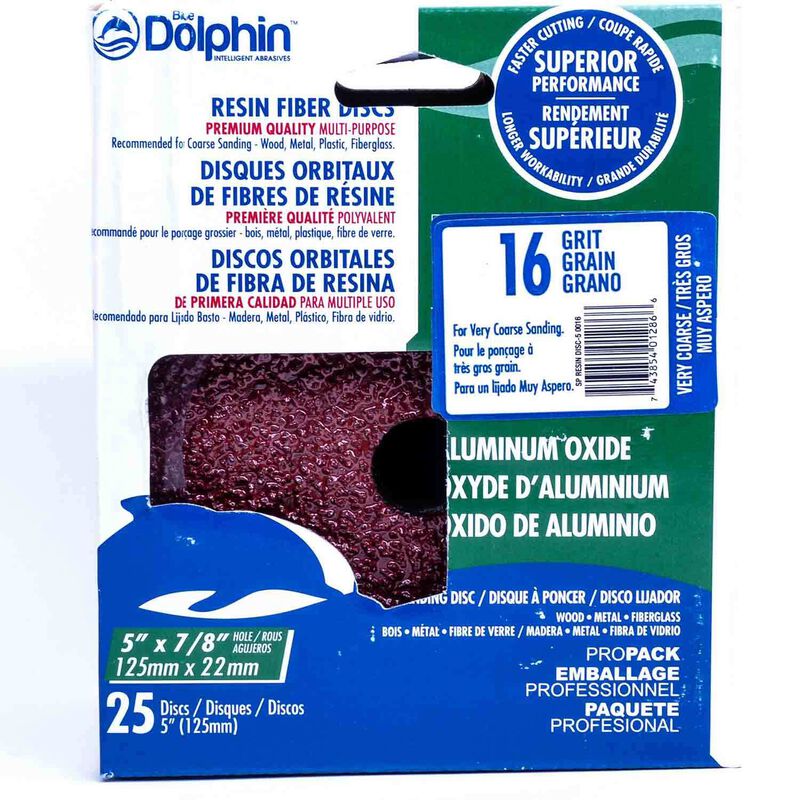 BLUE DOLPHIN 5" Premium Quality Resin Fiber Discs, 16-Grit, 25-Pack
