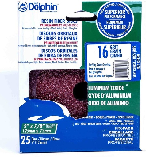 BLUE DOLPHIN 5" Premium Quality Resin Fiber Discs, 16-Grit, 25-Pack